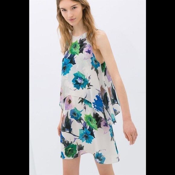 Zara White Double Layered tiered ruffle frill Floral flower Print dress Sz M - Picture 2 of 10